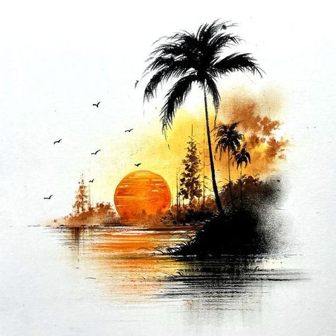 Morning Drizzle Morning Drizzle Oil Pastel, Sunset Scenery, Contemporary Art Painting, Oil Pastels, Line Art Drawings, Beautiful Sunset, Oil Pastel, Palm Tree, Mtv