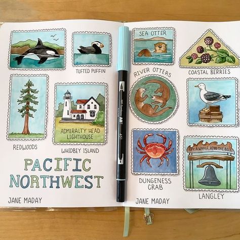 Jane Maday on Instagram: "A little while ago, I took a wonderful trip to the Pacific Northwest. We had an amazing time! I knew I wouldn't have time for much journaling, so I decided to record my memories as little "stamps". We saw a lot more than just this, but I was most excited about the sea otters, puffins, and whales. Our house was right on the beach, and there were otters playing right in front of us! This was drawn in an Archer and Olive journal, and colored mostly with Tombow markers. #ar Jane Maday, Archer And Olive, Tombow Markers, Travel Art Journal, Sea Otters, Travel Sketchbook, My Memories, Bullet Journal Themes, Journal Themes