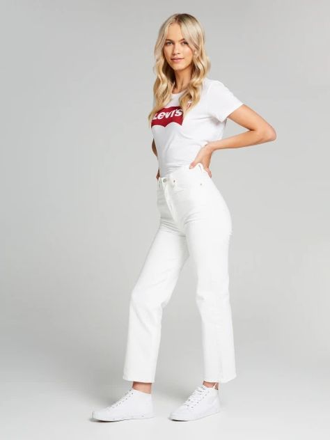 Levis Ribcage Straight Ankle In The Clouds White White - Just Jeans Online Fitted White Levi's Jeans, Levi's White Straight Leg Jeans, Levi's White Denim Bottoms, Levis Ribcage White, Ribcage Bootcut Jeans Levis, Womens Levi Jeans, Levis Ribcage Straight, White Levis, 501 Jeans