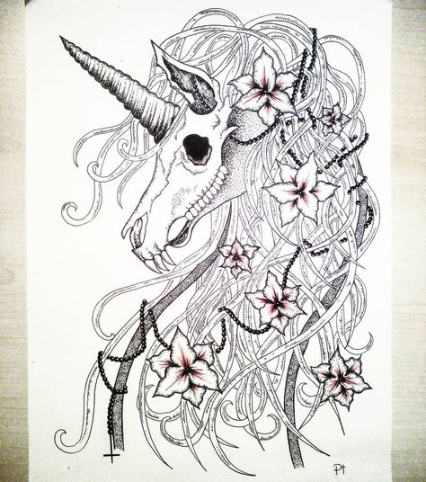 • Animal • Black and White • Art • Drawing • Skull • Black ink dotwork • Tattoo idea • Illustration • Draw • Brilliant • Nature • Artist • Flower • Unicorn • Lovely • Passion • Flowers • Macabre • Alternative Goth Unicorn Tattoo, Zombie Unicorn Tattoo, Unicorn Skull Tattoo, Dark Unicorn Tattoo, Unicorn Outline, Animal Black And White, Victorian Tattoo, Unicorn Skull, Flower Unicorn