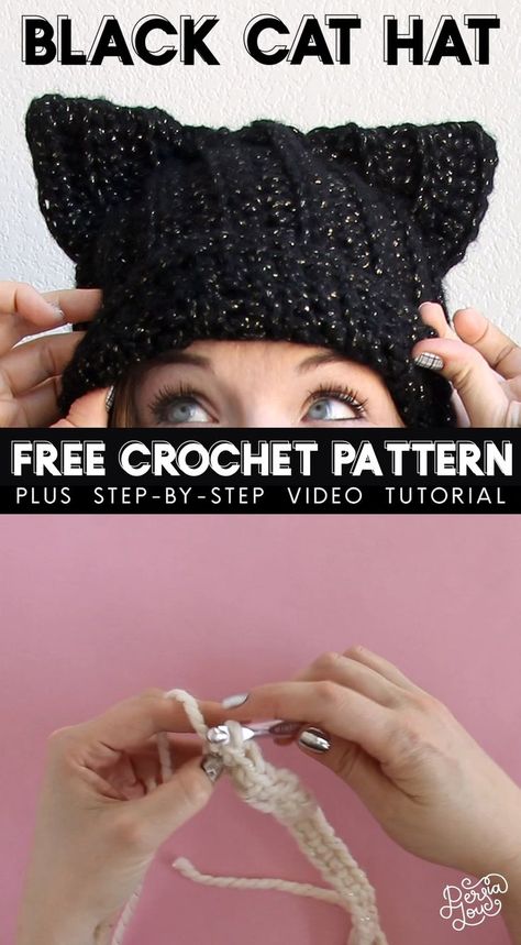 Crochet Ear Hat Pattern Free, Crochet Hat With Ears Free Pattern, Black Cat Hat Crochet, Reflective Yarn Crochet Patterns, Free Crochet Cat Ear Hat Patterns, Crochet Kitty Ear Hat, Black Cat Crochet Hat, Free Cat Hat Pattern Crochet, Kitty Ear Beanie Crochet