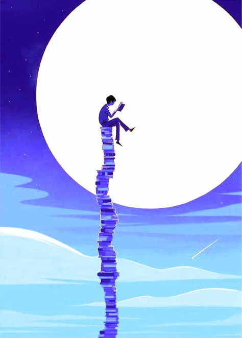 Stacks Of Books, A Man, Moon, Books, Pink