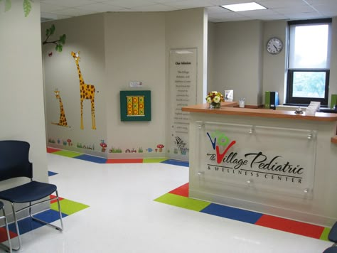 Reception and waiting area Nursery Reception Area Ideas, Pediatric Clinic Decor, Pediatric Clinic Design Interiors Reception, School Reception Design Waiting Area, Pedia Clinic Interior Design, Daycare Reception Area, Daycare Office Ideas, Pediatric Waiting Room Ideas, Daycare Office