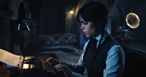 wednesday addams, netflix, screenshot, black and white, wednesday, jenna ortega, goth, the addams family, typewriter Wednesday Addams Nevermore, Addams Aesthetic, Wednesday 2022, Blood Mary, College Night, Inner World, Virtual Design, Addams Family, Wednesday Addams