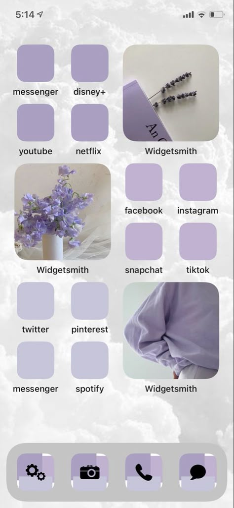 lavender purple ios14 home screen wallpaper Purple Phone Astetic, Lavender Iphone Aesthetic, Lavender Iphone Layout, Aesthetic Iphone Theme Ideas Purple, Ios Purple Home Screen, Light Purple Homescreen Ideas, Homescreen Asethic, Ios Layout Aesthetic Purple, Lavender Homescreen Layout