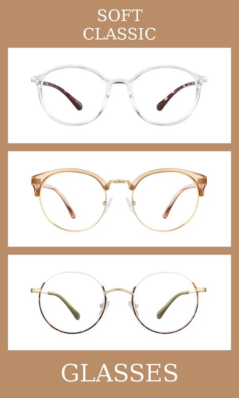 3 Pairs of Glasses for the soft classic body type, one of thirteen Kibbe body types. Soft classics are a blend of femininity and masculinity, but slightly more feminine than classics. The glasses that suit them the most are minimal, slightly rounded, and elegant. Learn more about the Kibbe body types at cozyrebekah.com Soft Classic Jewelry Kibbe, Soft Classic Kibbe Accessories, Soft Classic Accessories, Soft Classic Kibbe Glasses, Soft Classic Glasses, Kibbe Types Soft Classic, Kibbe Body Types Soft Classic, Soft Classic Jewelry, Classic Body Type Outfits