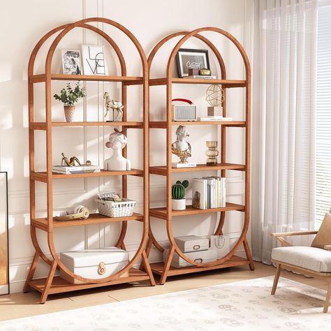 PRICES MAY VARY. 5-Shelf Arched Bookcase: This 5-tier wooden bookshelf offers generous storage and display space for your books, plants, decorations, photo frames, DVDs, toys, and more with ease. Get this bright brown bookcase for a stylish and functional storage solution Sturdy & Stable Structure: Made of high-quality E1 particleboard with smooth veneer and well-structured metal frame design, this tall bookshelf can withstand the challenge of long-term use. Powder-coated metal frame enhances st Arched Bookcase, Bookshelf Bedroom, Bedroom Bookcase, Bookcase Modern, Open Bookshelf, Wooden Bookshelf, Office Display, Stand Shelf, Open Bookshelves