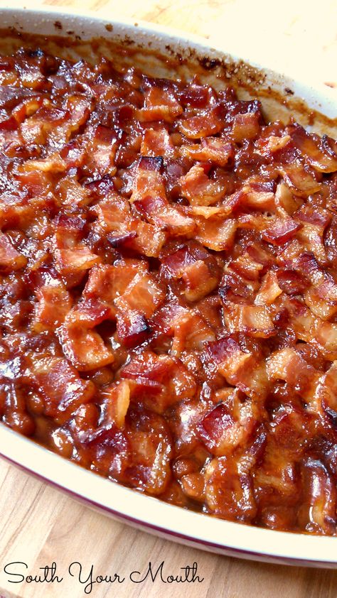 You know how you lay slices of bacon on top of baked beans and they cook up all glorious? Except that they shrink up so much that when the beans are done only the center of your dish has bacon. And yo Southern Thanksgiving Side Dishes, Southern Style Baked Beans, Side Dishes Thanksgiving, Magical Fruit, Baked Beans With Bacon, Beans Beans, Southern Thanksgiving, Delicious Sides, Baking Secrets