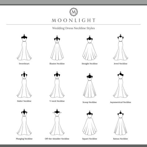 Wedding Dress Necklines - Different Types & How to Choose Dresses For Broad Shoulders, Wedding Dress Styles Chart, Dress Styles Chart, Wedding Dress Shapes, Dress Necklines, Moonlight Bridal, Wedding Dress Types, Different Necklines, Writing Story