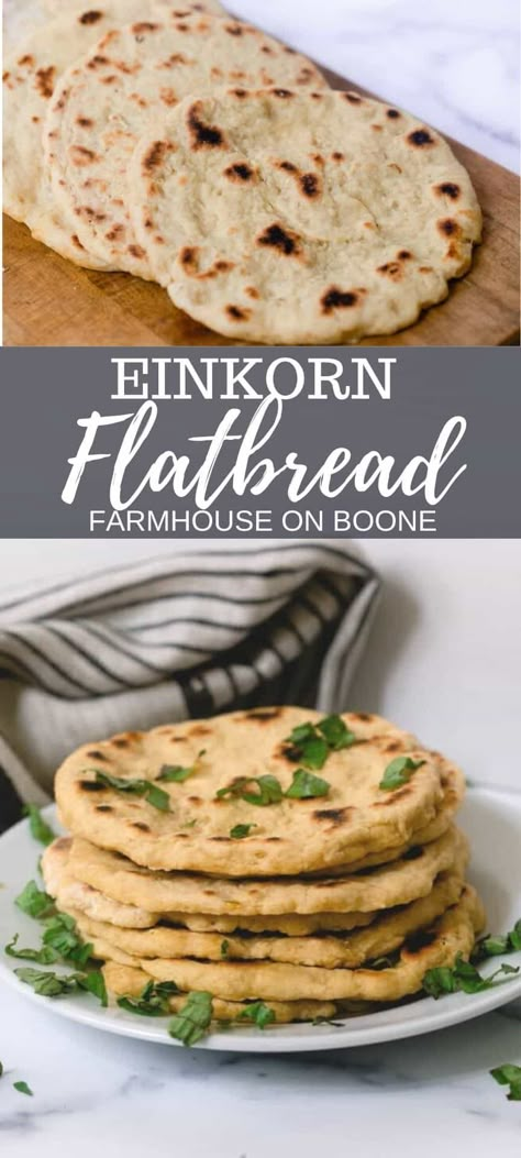 Einkorn Flatbread, Einkorn Pizza Dough, Einkorn Bread, Farmhouse On Boone, Einkorn Recipes, Pita Bread Recipe, Einkorn Flour, Flatbread Recipe, Wheat Recipes