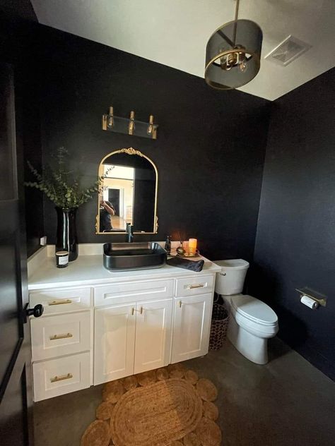 Black Bathroom Aesthetic, Black Bathroom Rugs, Black Bathroom Vanities, Black Bathroom Paint, Black Bathroom Lighting, Black Bathroom Faucets, All Black Bathroom, Black Bathroom Rug, Black Bathroom Floor