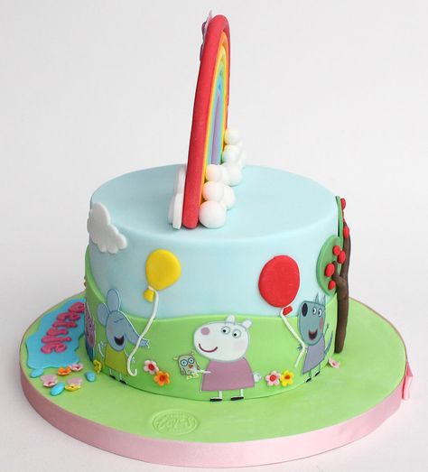 peppa & friends rainbow cake | Edible images and fondant dec… | Flickr Peppa Pig Family Cake, Rainbow Topper, Peppa Pig Birthday Cake Muddy Puddles, Peppa Pig Cake Without Fondant, Peppa Pig Birthday Cake Buttercream, Two Tier Peppa Pig Cake, Fondant Rainbow, 2nd Birthday Cake, Peppa Pig Cake