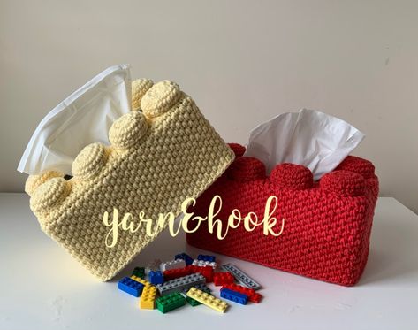 Crochet Lego, Decor Crochet, Tissue Box Cover, Lego Brick, Red And Yellow, Tissue Box Covers, Tissue Box, Tissue Boxes, Crocheted Item