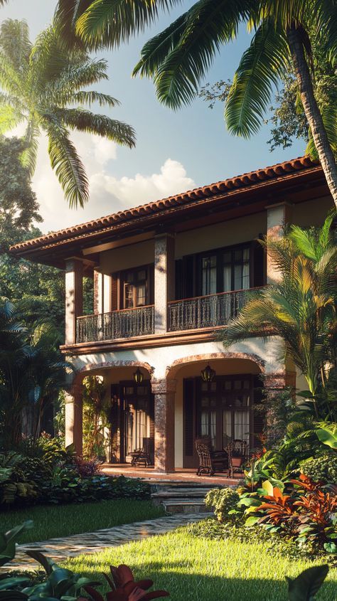 A stunning tropical house showcasing expansive windows overlooking verdant gardens. Tropical Beach House Exterior, Jamaican House Design, Tropical Modern House, Tropical Houses Interior, Tropical Windows, Jamaica House, Tropical Homes, Tropical Colonial, Tropical Beach Houses