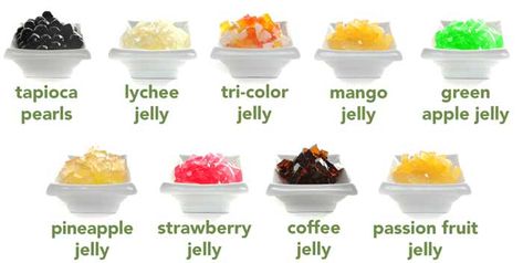 here is a list of all of our pearls and jellies. Tea Jelly Recipe, Bubble Tea Menu, Tea Jelly, Boba Tea Recipe, Bubble Tea Flavors, Bubble Tea Recipe, Coconut Jelly, Milk Tea Recipes, Homemade Bubbles