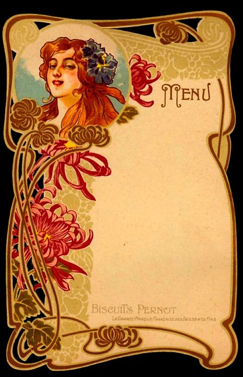 Art Nouveau Face, Menu Art, Motifs Art Nouveau, Nouveau Tattoo, Alphonse Mucha Art, Art Nouveau Illustration, Art Nouveau Poster, Menu Card, Art Nouveau Design