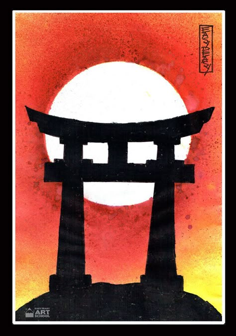 Japanese Torii Gate Art lesson by Easy Peasy Art School. Online art lesson for teachers students and artists of all ages. Japanese Temple Drawing Easy, Tori Gate Drawing, Japanese Drawings Easy, Easy Japanese Drawings, Japanese Art Easy, Japanese Drawing Simple, Japanese Painting Easy, Japanese Art Simple, Japanese Temple Drawing