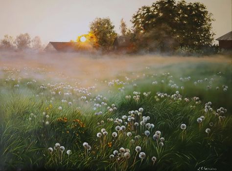 Early Spring Landscape, Foggy Landscape Painting, Foggy Morning Aesthetic, Foggy Meadow, Meadows Aesthetic, Early Summer Morning, Summer Landscape Painting, Morning Painting, Sunrise Artwork