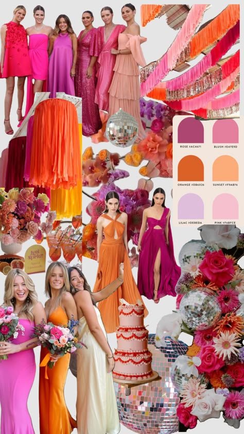 #miprimershuffle #myfirstshuffle #weding #boda #damas #pinkasthetic #orangeaesthetic Different Colour Bridesmaids, Sunset Colors Wedding Aesthetic, Sunset Color Palette Wedding Bridesmaid, Pink And Orange Bridesmaids, Sunset Bridesmaids, Sunset Colors Wedding, Different Color Bridesmaid Dresses, Reception Aesthetic, Sunset Wedding Theme