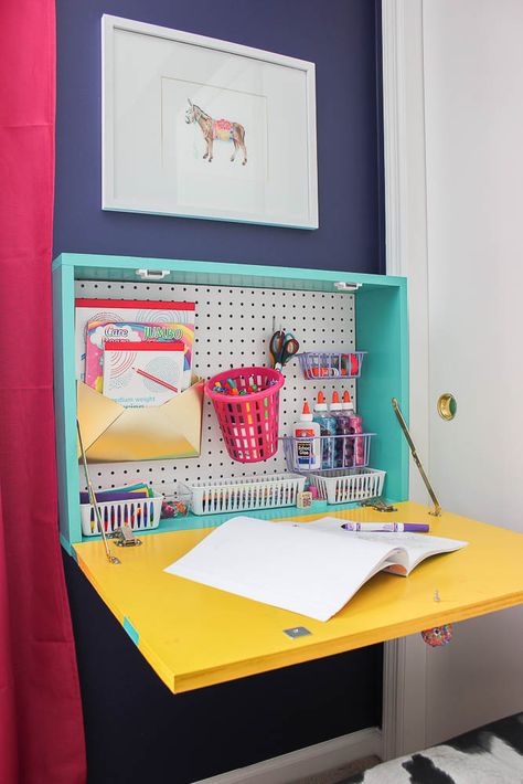 DIY Kids Pretend Play Stations - perfect for play based learning and will keep your kids occupied for hours! #kids #diy #playbasedlearning #playstation #pretendplay Diy Wall Mounted Desk, Diy Kids Desk, Diy Kallax, Diy Kids Table, Drop Down Desk, Fold Down Desk, Room Organization Bedroom, Kitchen Ikea, Desk Plans