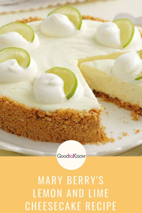 Mary Berry’s lemon and lime cheesecake is one of the simplest cheesecake recipes to make. You must use full-fat condensed milk and cream cheese for the recipe to work, as the filling won’t set if you use low-fat substitutes. This lemon and lime cheesecake recipe serves 4-6 people and will take only 30 mins to prepare and make plus setting time. #maryberry #maryberryrecipes #maryberrycheesecake #lemonandlime Lemon Cheesecake With Condensed Milk, Lemon Lime Cheesecake Recipes, Mary Berry Lemon Cheesecake, Mary Berry Cheesecake, Lime Cheesecake Recipes, Lemon Lime Cheesecake, Champagne Cheesecake, Mary Berry Cakes, Quick Puddings