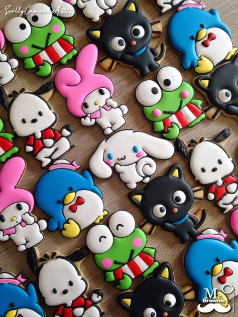 Hello Kitty Sanrio Birthday Party Ideas, Hello Kitty Cookies Royal Icing, Pochacco Cookies, Sanrio Cookies Decorated, Hello Kitty Friends Birthday Party Ideas, Hello Kitty And Friends Cake Ideas, Hello Kitty And Friends Cookies, Hello Kitty Birthday Cookies, Pochacco Birthday Party