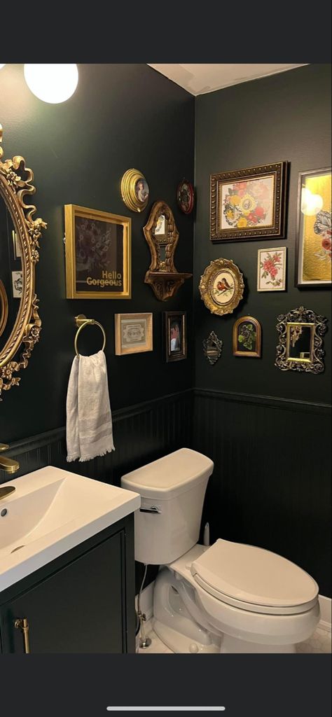 Cool Bathroom Wallpaper, Small Dark Academia Bathroom, Black Moody Bathroom, Tiny Moody Powder Room, Dark Bathroom Aesthetic Vintage, Moody 1/2 Bath, Diy Half Bathroom Ideas, Dark Half Bathroom, Black Half Bathroom