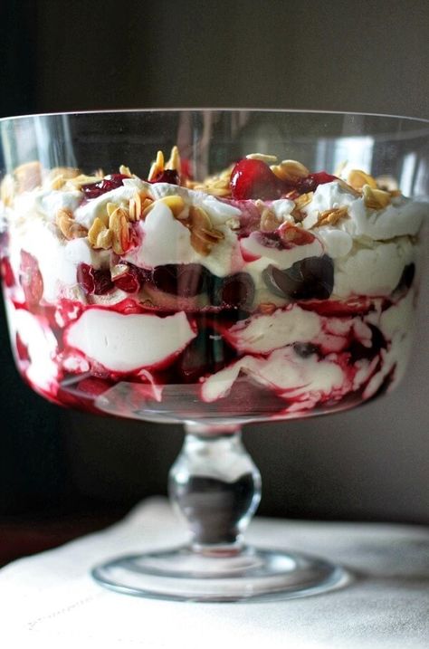 This Cherry Mess is a no fuss dessert featuring red wine soaked cherries mixed with amaretto laced whipping cream. Add crispy meringues, and crunchy sweet almonds for great textural effect. #etonmess #trifle #dessert Cherry Trifle Recipes, Cherry Trifle, Cherry Parfait, Almond Desserts, Candied Almonds, Banana Drinks, Trifle Desserts, Eton Mess, Cherry Desserts