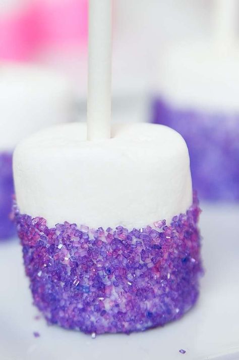 Sophias First Birthday | CatchMyParty.com Mermaid Marshmallows, Purple Party Theme Ideas, Purple Snacks For Color Party, Purple Party Decorations Birthday, Purple Marshmallows, Purple Snacks For Party, Twinkle Cake, Princess Sofia Birthday, Lila Party