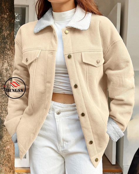 Wool Shacket, Drop Shoulder Tee, Women Jackets, Contrast Collar, Corduroy Jacket, Winter Coats Women, Long Sleeves Jacket, Inspiration Mode, Jackets Online