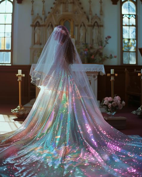 Iridescent Dress Aesthetic, Wedding Dresses Rainbow, Led Wedding Dress, Rave Wedding Dress, Holographic Wedding Dress, Iridescent Wedding Theme, Iridescent Veil, Iridescent Wedding Dress, Iridescent Gown