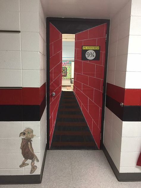 Harry Potter Themed classroom door Harry Potter Theme Classroom Door, Harry Potter Door Ideas For School, Harry Potter Themed Hallway, Ela Classroom Door Ideas, Harry Potter Door Decorations For School, Hogwarts Door Decoration, Classroom Door Harry Potter, Harry Potter Themed Door, Harry Potter Halloween Door Decorations