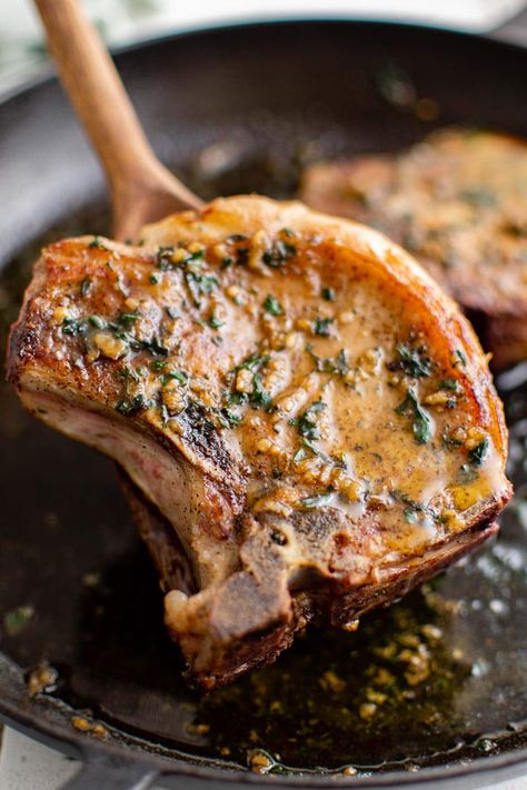 My Pan Seared Pork Chops are tender, juicy and paired with a dreamy butter and herb sauce. Plus they are ready in about 15 minutes! Frenched Pork Chops, French Pork Chops, Pan Seared Pork Chops, Pork Entrees, Tender Pork Chops, Seared Pork Chops, Juicy Pork Chops, Chop Recipes, Weekly Meals