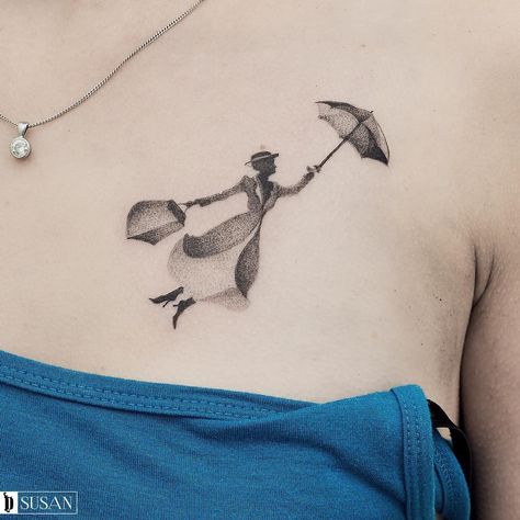 Mary Poppins Umbrella Tattoo, Marry Poppins Tattoos, Phantom Of The Opera Tattoo Minimalist, Mary Poppins Tattoo, Movie Inspired Tattoos, Umbrella Tattoo, Disney Sleeve Tattoos, Bookish Tattoos, Bestie Tattoo