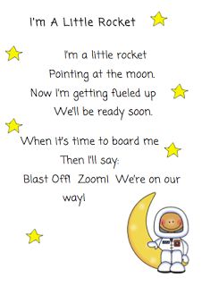 I'm a Little Rocket (sung to tune of I'm a Little Teapot) free printable (PDF here: https://docs.google.com/file/d/0B18BYdClXdY-enhzMEtiYTJSUVNVaEFia3BtQmZyUQ/edit) Space Lesson Plans, Preschool Poems, Space Theme Preschool, Space Lessons, Space Preschool, Circle Time Songs, Classroom Songs, Space Unit, Outer Space Theme