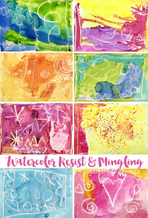 An easy watercolor resist lesson that is essential and fun for the early art years. Watercolor resist art project for kids. Watercolor Process, Resist Art, Watercolor Resist, Kindergarten Art Lessons, Deep Space Sparkle, Art Project For Kids, Kindergarten Art Projects, Project For Kids, Easy Art Projects