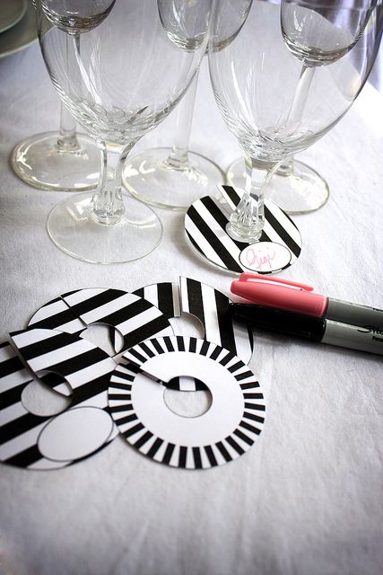 DIY Printable Paper Wine Charm Slipper Tags Black and White Stripe Brigitte Klotzek | Flickr - Photo Sharing! Diy Food Display, Wine Gifts Diy, Wedding Party Decorations Diy, Drink Display, Wine Tasting Party, White Cards, Tasting Party, Black And White Decor, Wine Parties