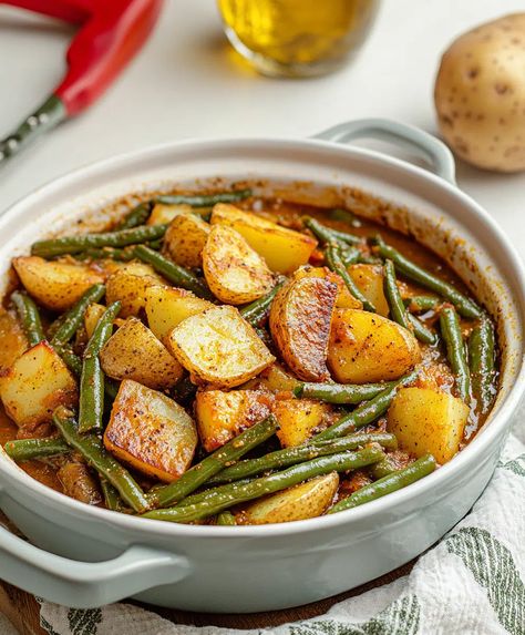 Cajun Smothered Green Beans & Potatoes Recipe - janarecipes.com Smothered Green Beans And Potatoes, Potato Green Bean, Green Beans Potatoes, Smothered Green Beans, Southern Green Beans, Beans Potatoes, Beans And Potatoes, Green Beans And Potatoes, Fresh Green Beans