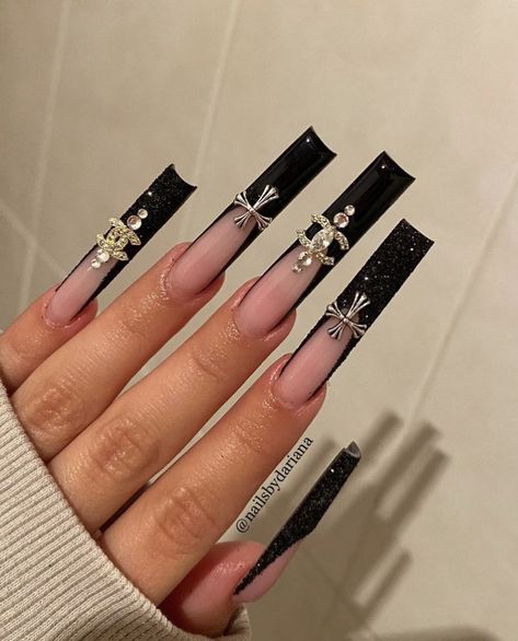 Long Tip Nails, 2xl Acrylic Nails, Nail Designs Long Black, Dangle Charm Nails, Black French Tip Nails Coffin Long With Diamonds, Long Black Nails With Red Bottoms, Red Bottom Nails Coffin, Long Square Acrylic Nails Red And Black, Long Goth Nails