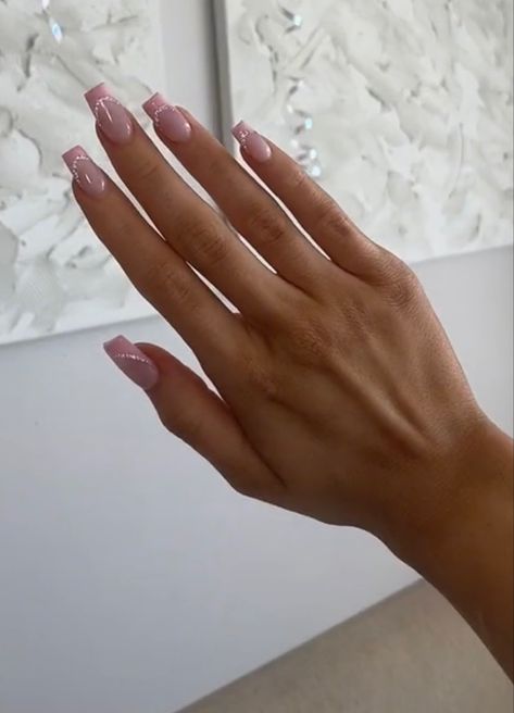 Pink French Tip With Glitter, French Tip With Glitter Line, French Tip With Glitter, Pink French Tip, Glitter French Tips, Pink French, Glitter, Nails, Pink