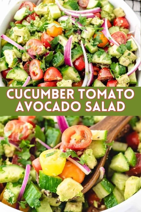 This quick and easy Cucumber Tomato Avocado Salad is made up of simple ingredients and is simply delicious. Tossed is a bright lemony herb dressing along with the fresh and cool salad and is the perfect warm-weather side dish or light meal. Vegetable Salad With Avocado, Cucumber Tomato Avocado Salad Recipes, Tomato Cucumber And Avocado Salad, Cucumber Avocado Salad Recipes, Cucumber Tomato Avacado Salad, Avocado Salad Recipes Easy, Cucumber Avocado Tomato Salad, Avocado Cucumber Tomato Salad, Salads With Avocado