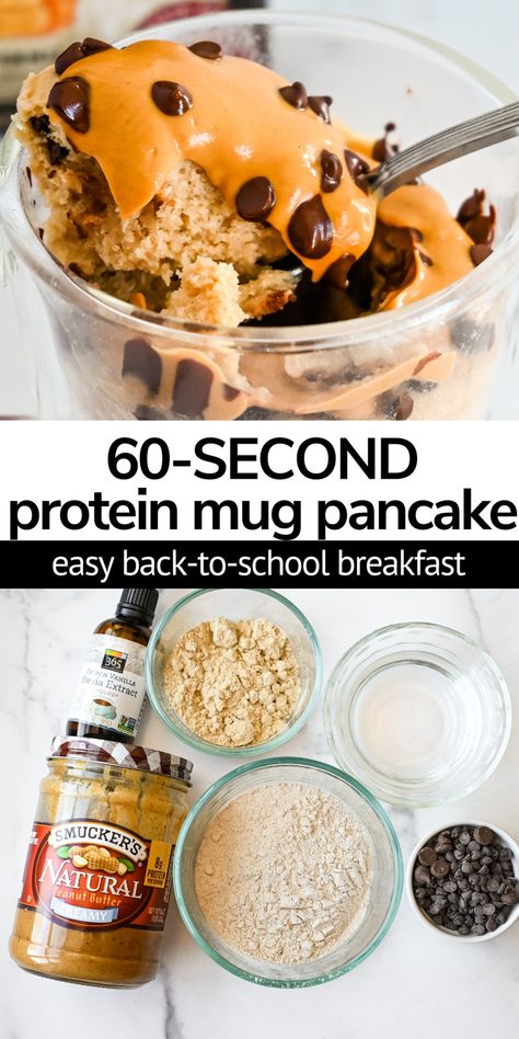 Breakfast is ready in 60 seconds with this quick and easy Kodiak Cakes protein pancake in a mug! Customize toppings and add even more protein by making it with protein powder. One of the best healthy Kodiak cakes recipes - especially for kids and picky eaters! Kodiak Pancake Mug Cake, Diy Kodiak Cakes Mix Recipe, Kodiak Cake Recipes Healthy, Kodiak Cake Pancakes, Kodiak Protein Pancake Mix Recipes, Kodiak Microwave Pancake, High Protein Kodiak Recipes, Protein Pancake In A Mug, High Protein Breakfast Quick