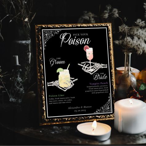 Halloween Classy Wedding, Halloween Wedding Signage, Gothic Wedding Diy Decorations, Pick Your Poison Bar, Spooky Season Wedding, Halloween Wedding Activities, Tasteful Halloween Wedding, Dark Fairytale Wedding Centerpieces, Halloween Backyard Wedding