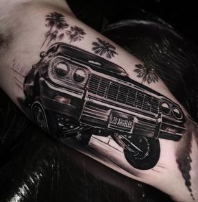 Low Rider Tattoo, Lowrider Tattoo, Traditional Snake Tattoo, Skyline Tattoo, Tattoos Men, Chicano Tattoos, Chicano Art Tattoos, Car Tattoos, Leg Tattoo