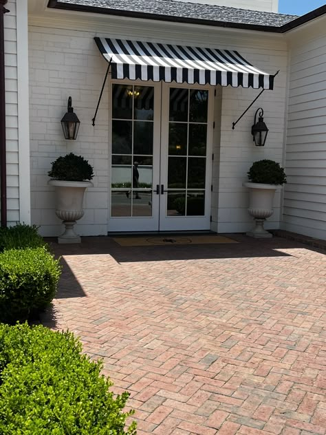 Black White Awning, Striped Awning House, Scalloped Awning, Brown And White Awning, Black White Awning Stripe, Bahama Shutters, Best Tiny House, Tiny House Inspiration, Side Yard