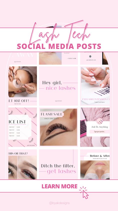 Lash tech Instagram post templates in pink color. Fully editable, insert images, change text, download and post to Insta! Lash Instagram Pages, Lash Tech Instagram Usernames, Lash Artist Content Ideas, Lash Tech Highlight Covers, Lash Instagram Theme, Lash Promotion Ideas, Lash Page Aesthetic, Lash Tech Instagram Posts, Pink Beauty Salon