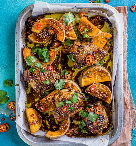 Honey-miso chicken squash traybake recipe | Sainsbury`s Magazine Chicken Squash, Magazine Recipe, Sainsburys Recipes, Miso Chicken, Tray Bake Recipes, Tray Bake, One Pot Dinners, Cooking Advice, Midweek Meals