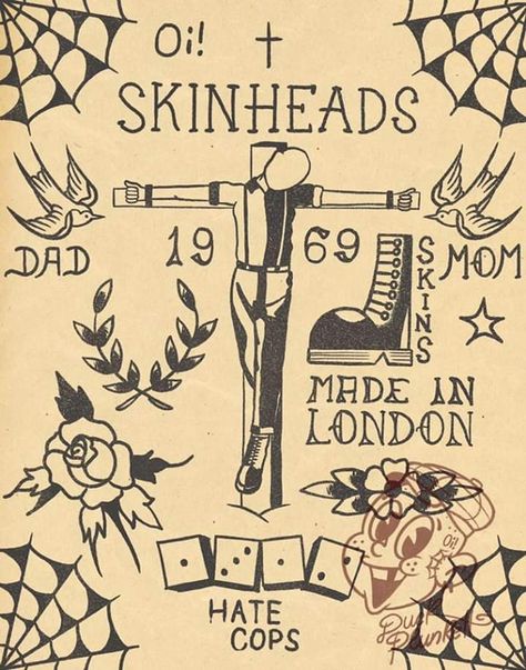 Vintage Map Tattoo, Skinhead Tattoos, Skateboard Tattoo, Witchcraft Tattoos, Neo Tattoo, Punk Tattoo, Vintage Tattoo Design, 15 February, Skin Drawing