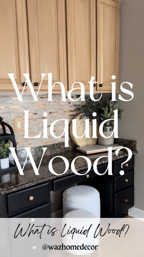 MICHELLE | Neutral Modern Home | The MOST ASKED QUESTION!!! What is liquid wood?? And there’s NO SANDING!! Comment LINK for products 🤯 Details Below ⬇️ I used Retique It... | Instagram Paint White Cabinets To Look Like Wood, Liquid Wood Projects, How To Stain Kitchen Cabinets Lighter, Liquid Wood Kitchen Cabinets, How To Lighten Stained Wood, Liquid Wood Cabinets, Stain Over Stained Wood, Liquid Wood Paint, Retique It Liquid Wood Kitchen Cabinets