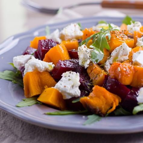 Beetroot Feta Salad, Sweet Potato And Goat Cheese, Beet Sweet Potato, Photograph Food, Beet And Goat Cheese, Butternut Squash Salad, Seasoned Veggies, California Food, Goat Cheese Recipes